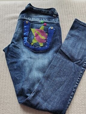 Akademiks Denim Jeans Blue Sequin Trim Pockets Slim Straight Jeans Unisex